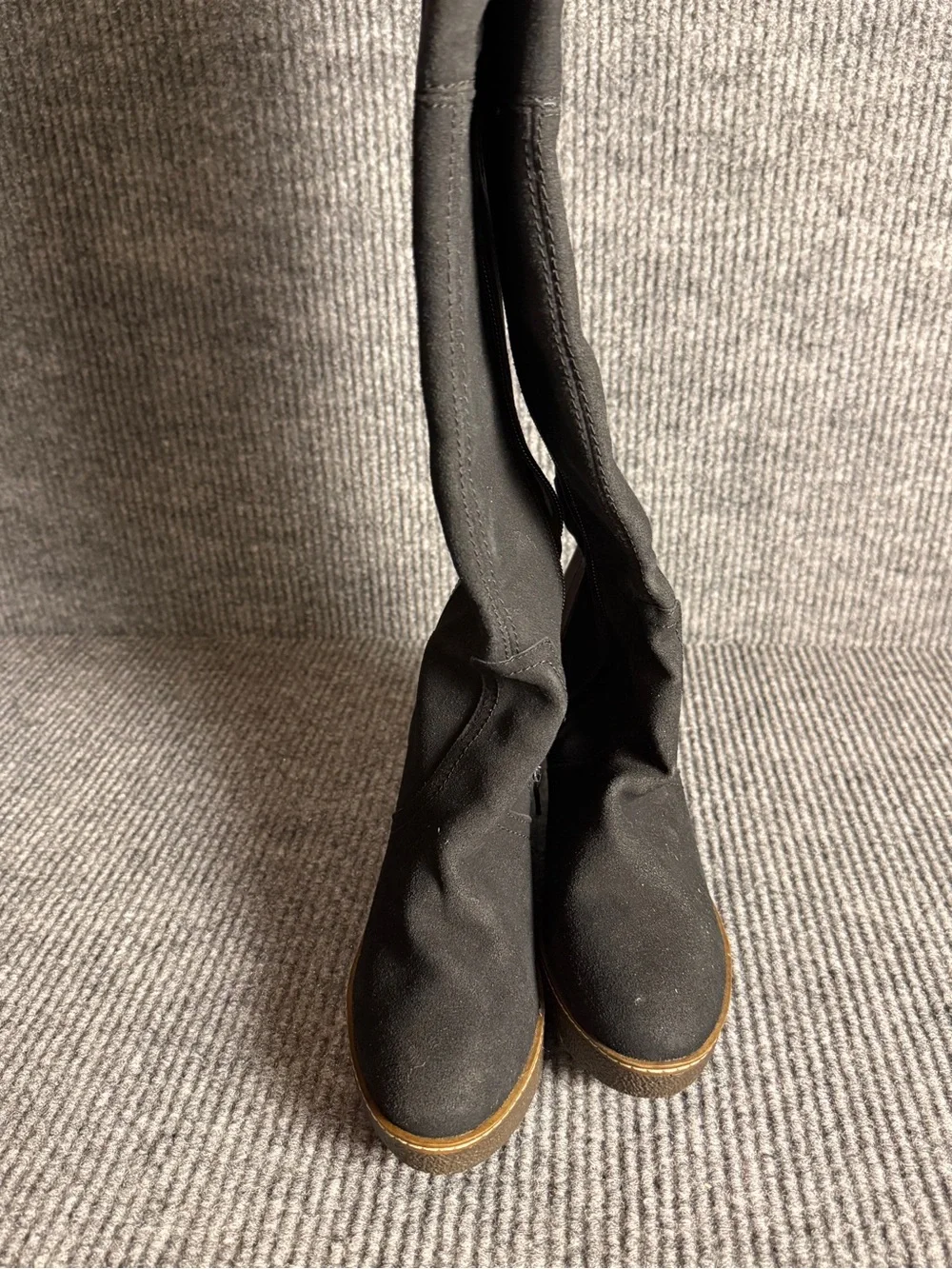 Route 66 Black Suede Knee High Wedge Boots Brown Trim Size 9